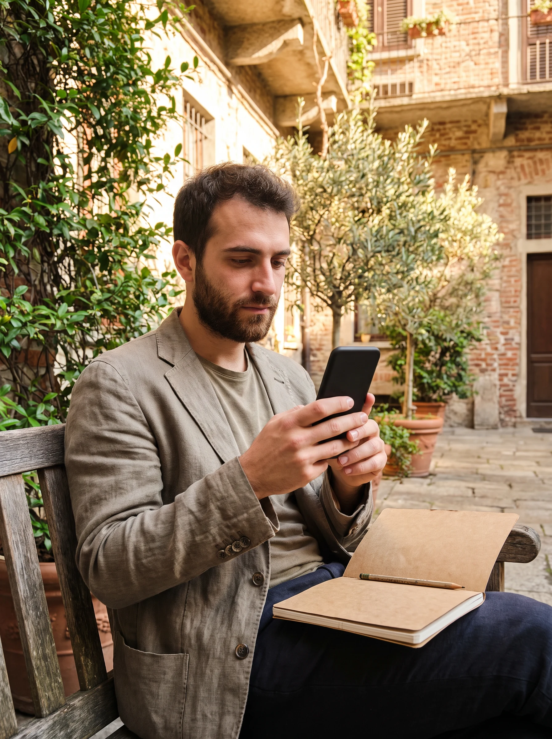 Taccuino illustrato con smartphone e gesto della mano